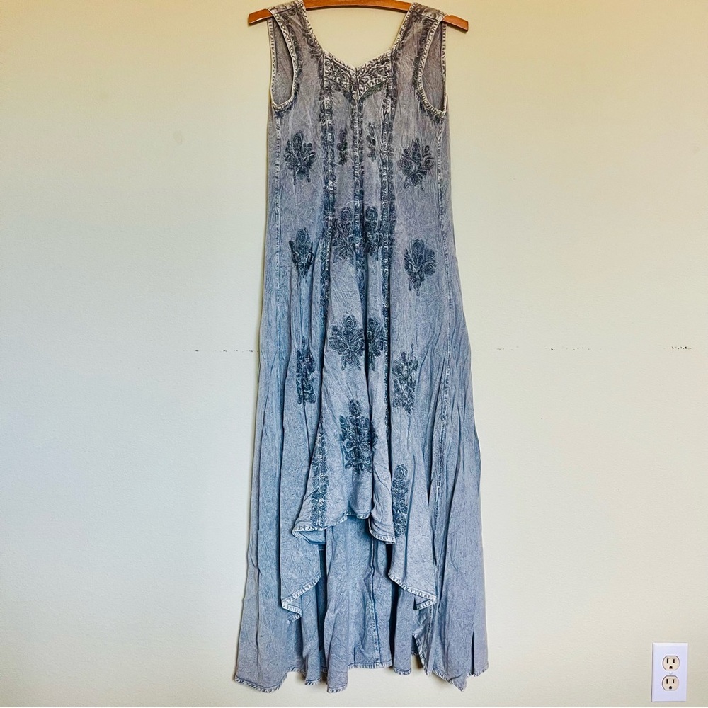 Braya Vintage 90s Embroidered Hi-Low Maxi Dress Denim Blue, Free Size